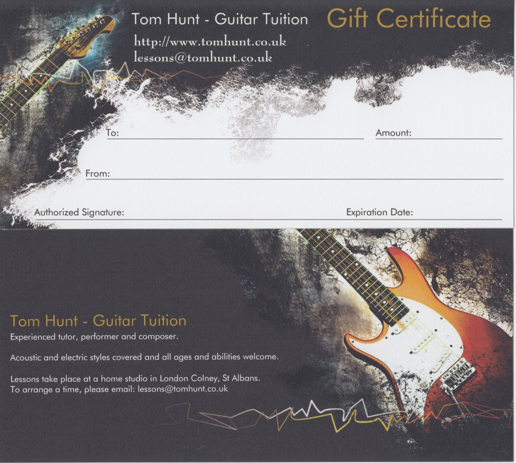 Tom Hunt Guitar gift vouchers